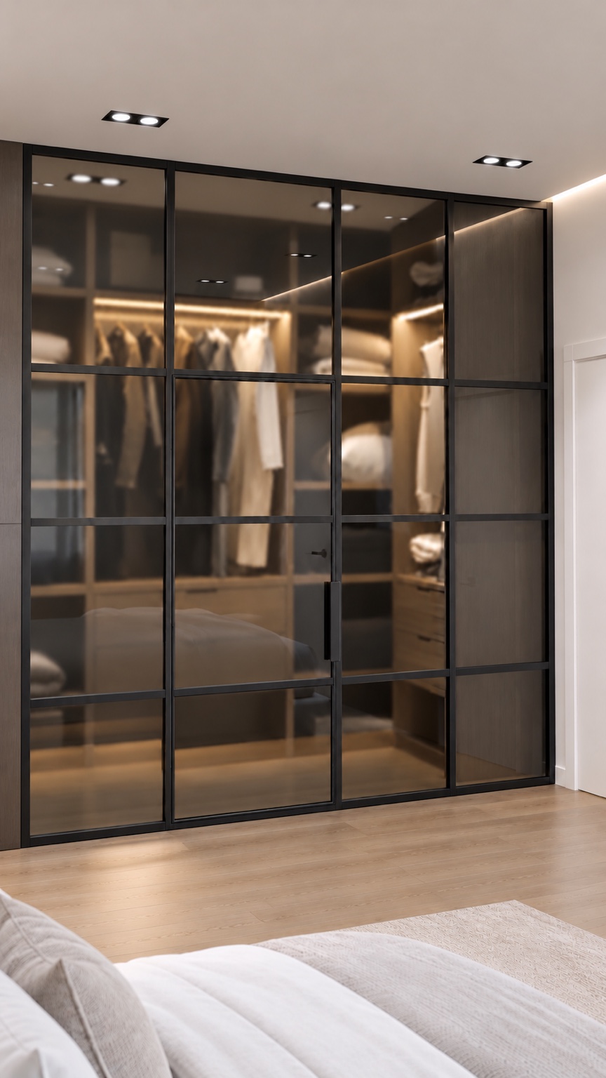 Dark glass hinged doors