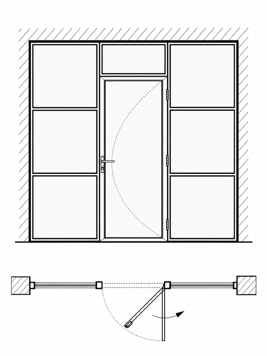 Hinged door with fixed side panels scheme